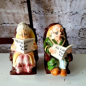 Lefton Ceramic Old Man & Woman Rocking Chair Retirement Fund Bank