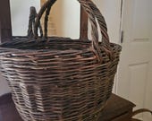 Vintage Wicker Basket, Primitive Handle Harvest Basket, woven Grapevine, Bent wood handle, HUGE