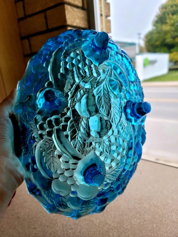 Vintage Indiana Carnival Glass Clear Cyan Blue Footed Oval Fruit