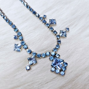 Art Deco Necklace, March Birthsones, Aquamarine Blue Rhinestone, Blue Topaz Rhinestones, Cocktail Necklace