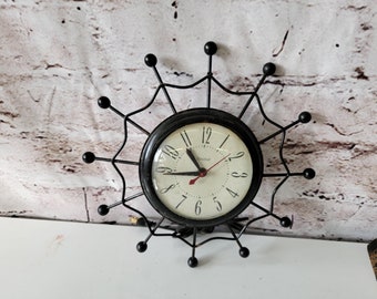 Mid Century Modern Starburst United Wall Mounted Clock Atomic Spider Web WORKING