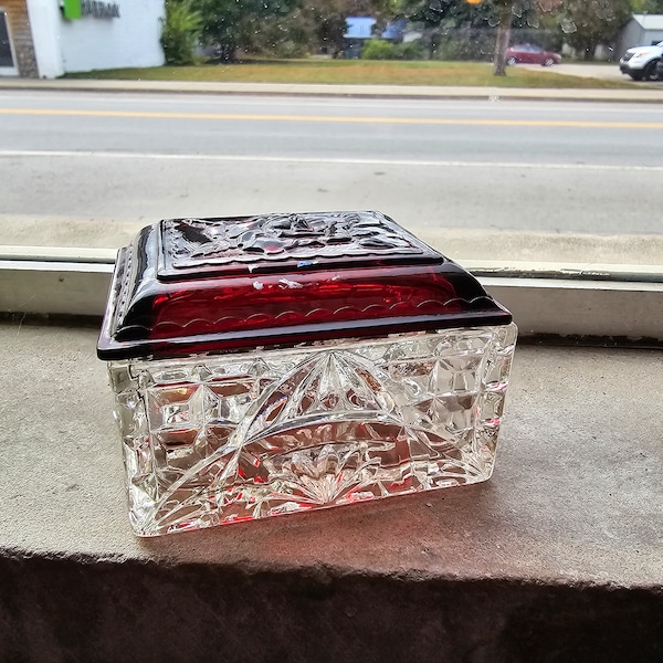 Glass Jewelry Box with Ruby Red Rose Lid, crystal cut glass trinket dish