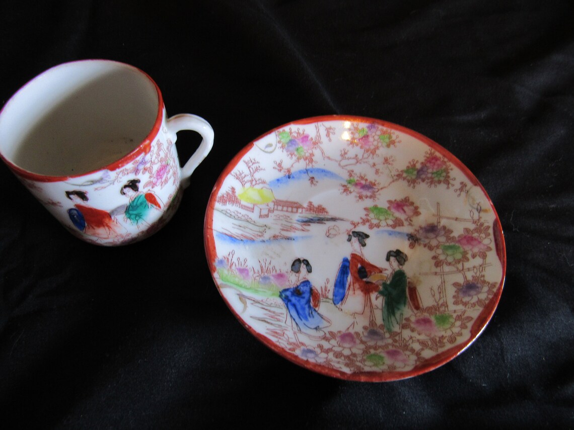Vintage Japanese Geisha Tea Set Porcelain Hand Painted Teacup Etsy