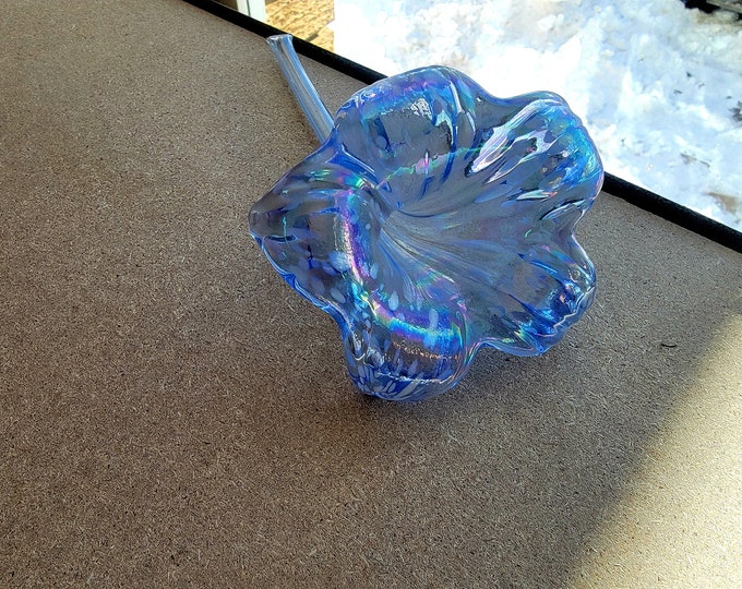 Vintage Murano Hand Blown Glass Flower Bud Vase, Iridescent Blue Glass