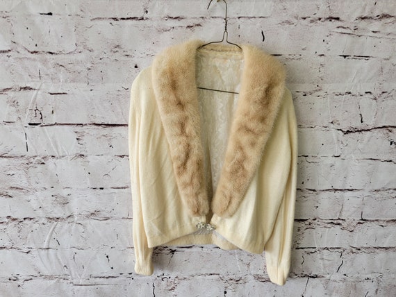 1950s mink fur collar beige & brown rhinestone bu… - image 1