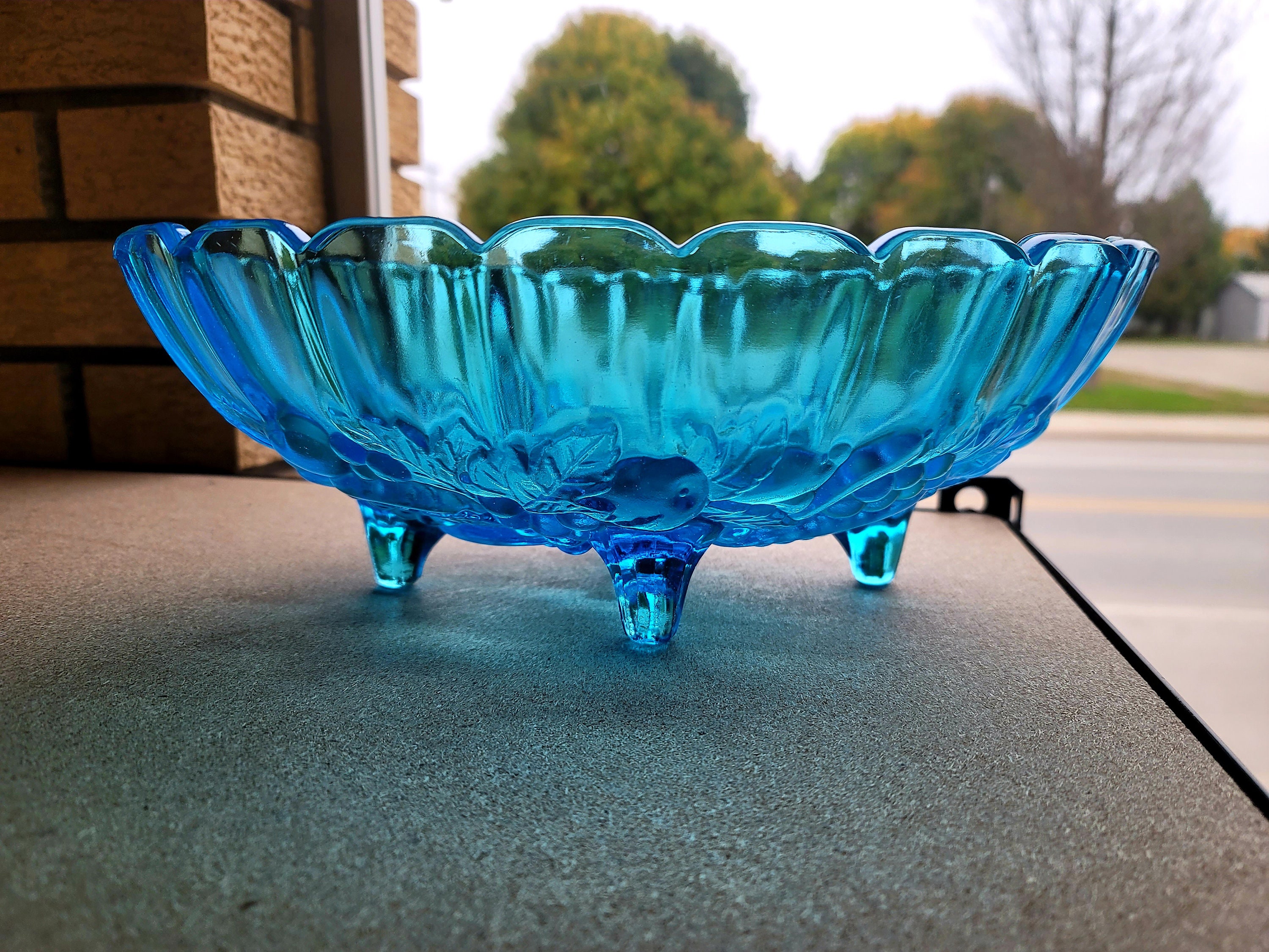 Vintage Indiana Carnival Glass Clear Cyan Blue Footed Oval Fruit