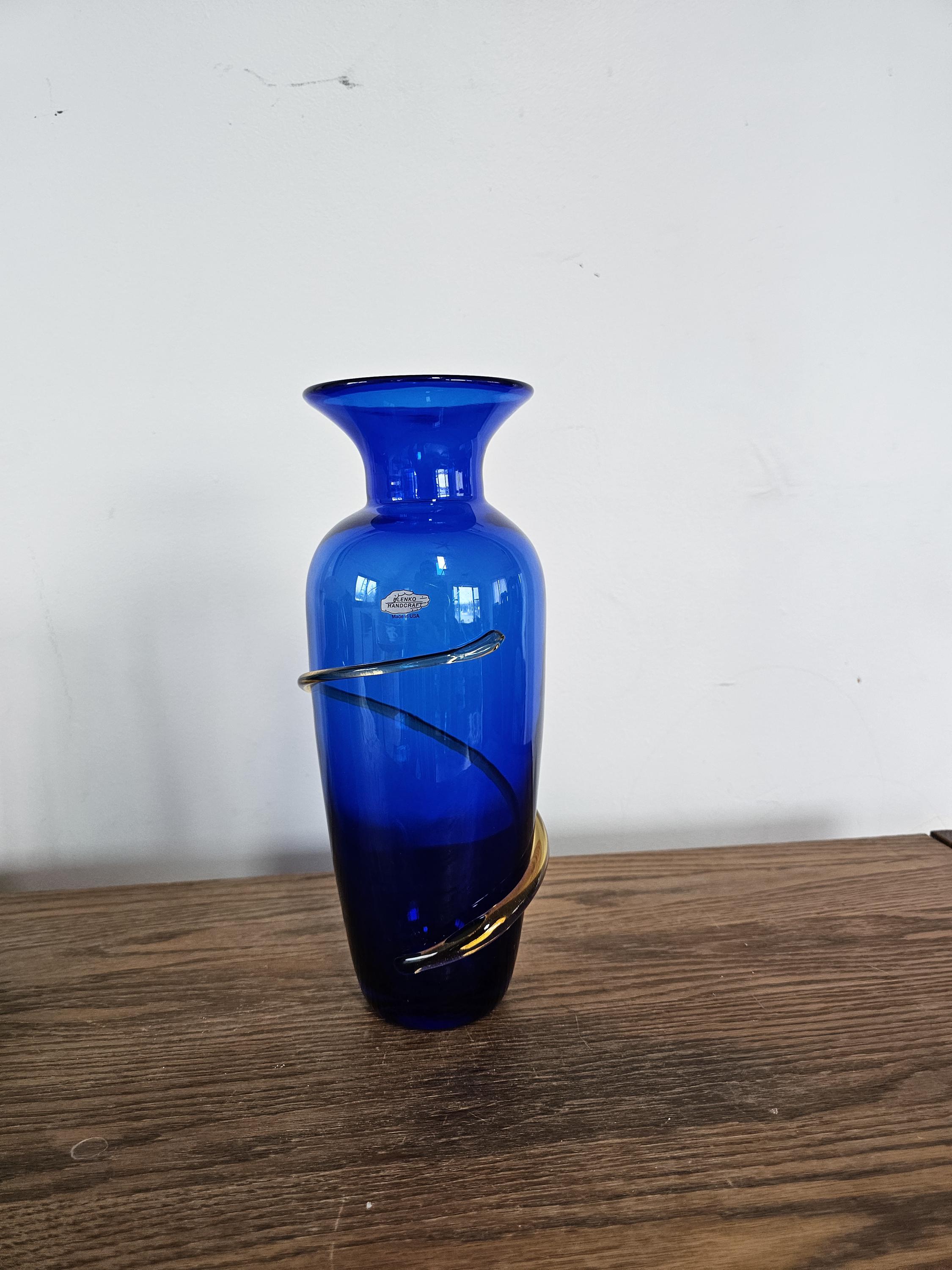 Blenko Cobalt Blue Glass Vase W Amber Topaz Swirl 12” Signed