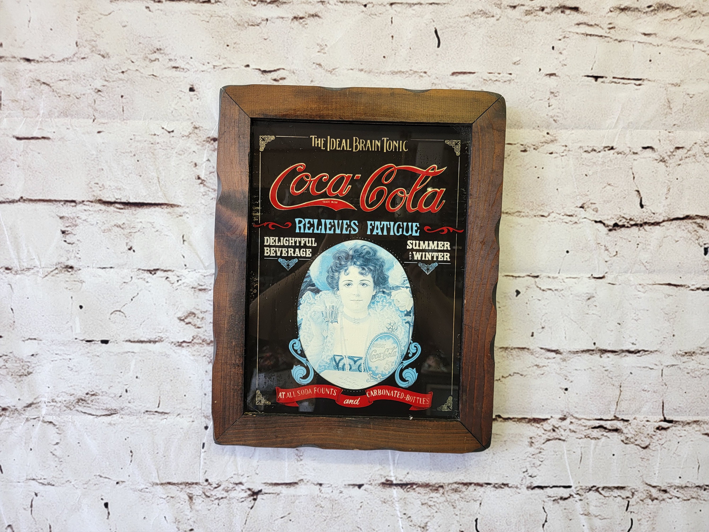 Coca-cola Ideal Brain Tonic Relieve Fatigue Wood Frame Glass Sign