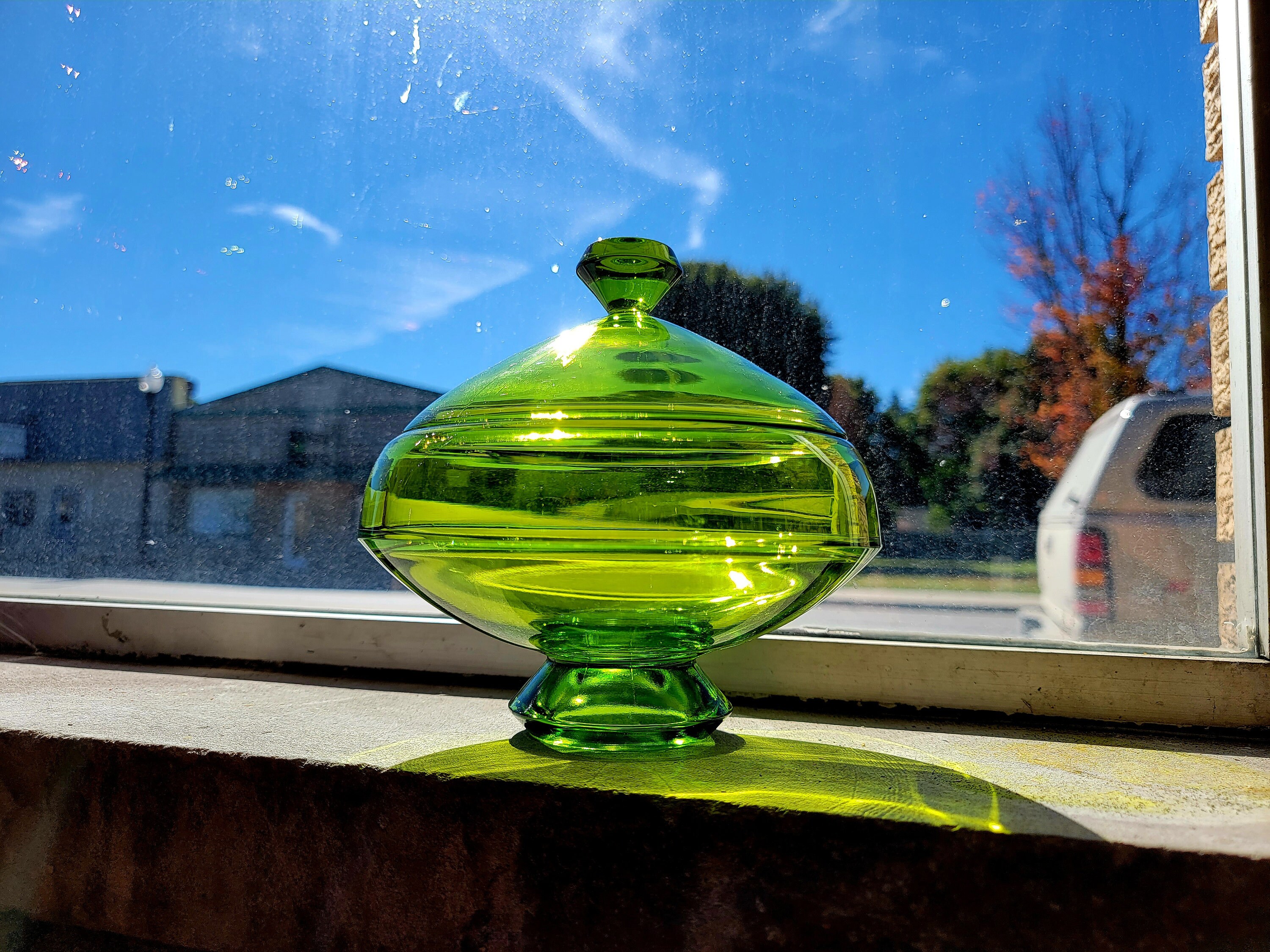 Viking Epic Flying Saucer COVERED Candy Dish Green ART Deco Mid