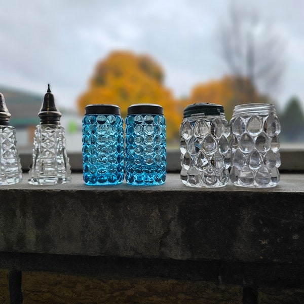 Vintage Victorian Salt and Pepper Shakers, Cut Glass, Teadrop, Hobnail, Sterling Lids, Pair