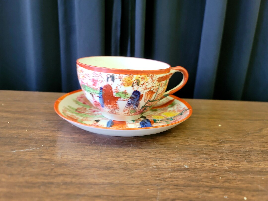 Vintage Japanese Geisha Tea Set Porcelain Hand Painted Teacup Cup