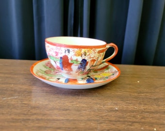 Vintage Japanese Geisha Tea Set Porcelain Hand Painted Teacup Cup & Saucer, Delicate Eggshell Porcelain