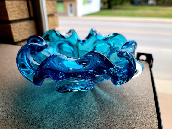 Murano Art Glass Controlled Bubble Clear to Blue Cased - MCM - Mid