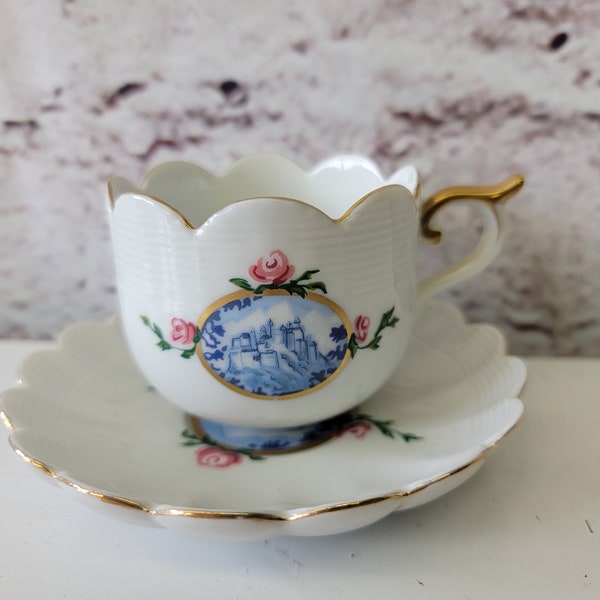 Orient Express Teacup Saucer, Japan, Elizabeth Arden, Blue Castle, Scalloped Edge