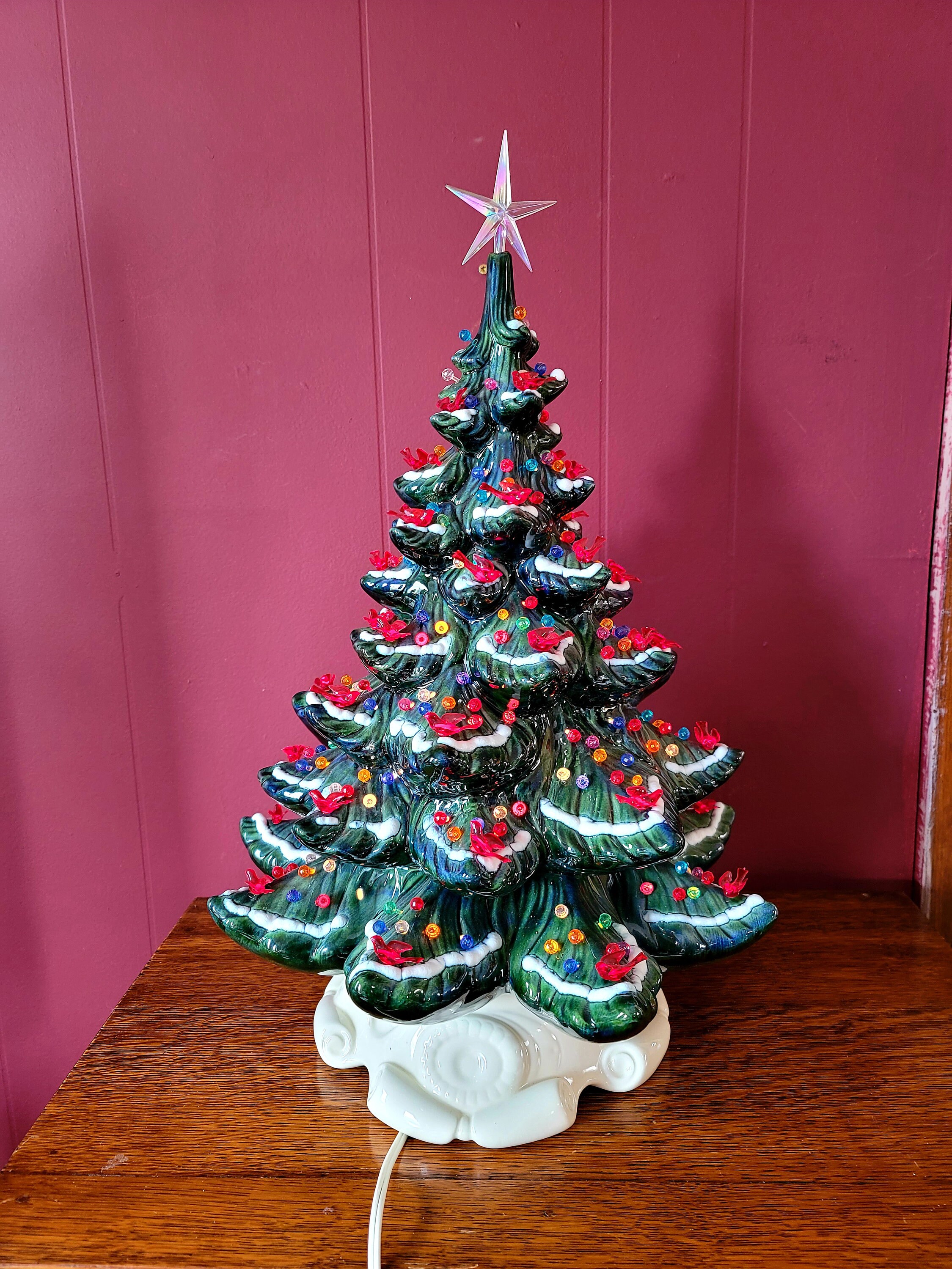 Ceramic Christmas Tree with Cardinal Lights - Green