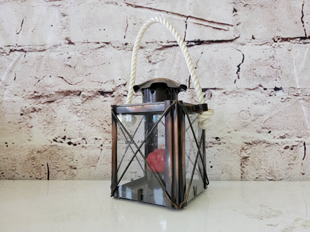 Vintage Copper Candle Lantern W Twine Handle Etsy