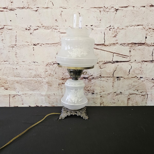 Vintage "Gone With The Wind" Hurricane Lamp, 3-Way lighting, Clear Frosted Satin Rose Pattern, Rare