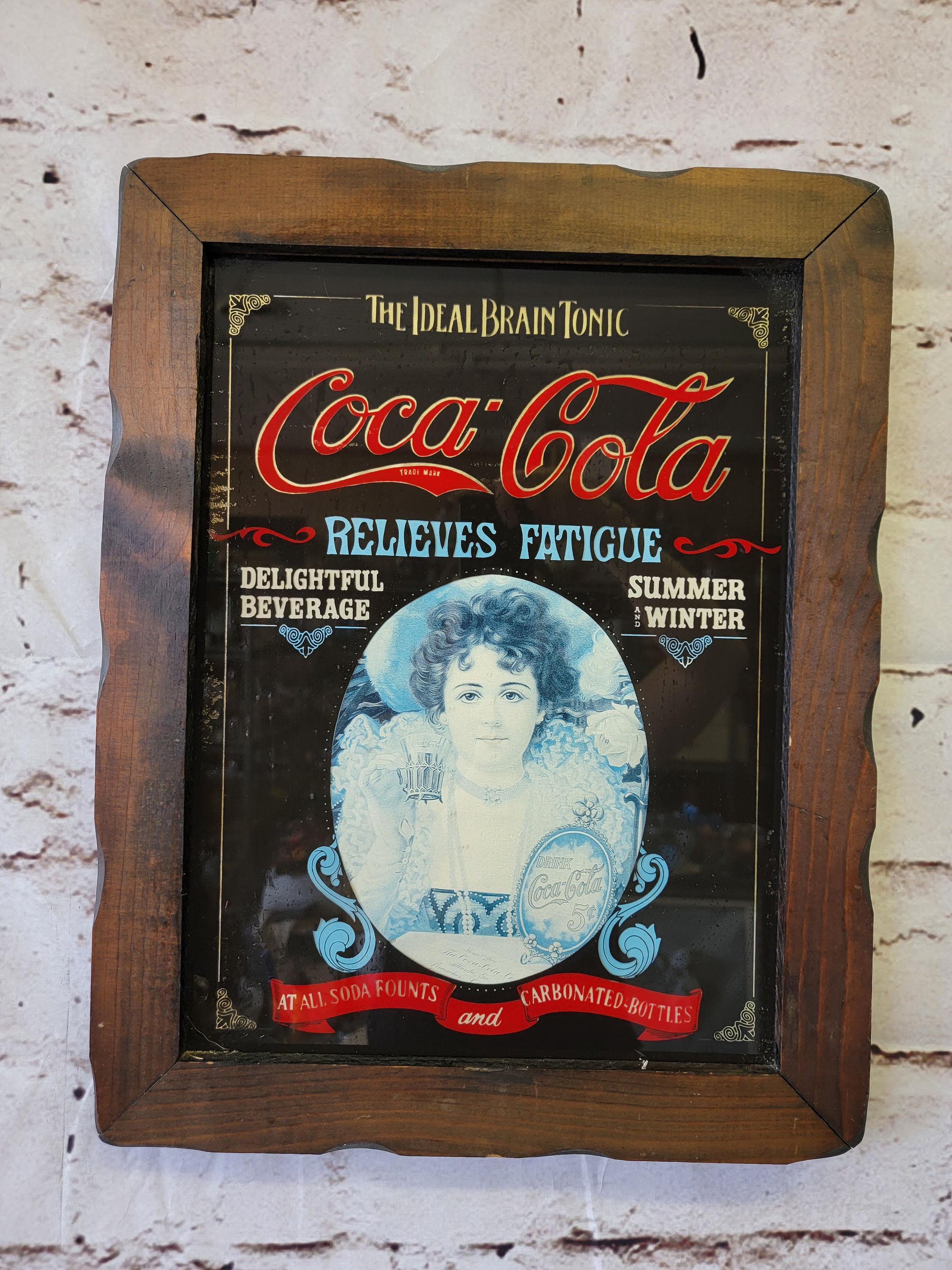Coca-cola Ideal Brain Tonic Relieve Fatigue Wood Frame Glass Sign