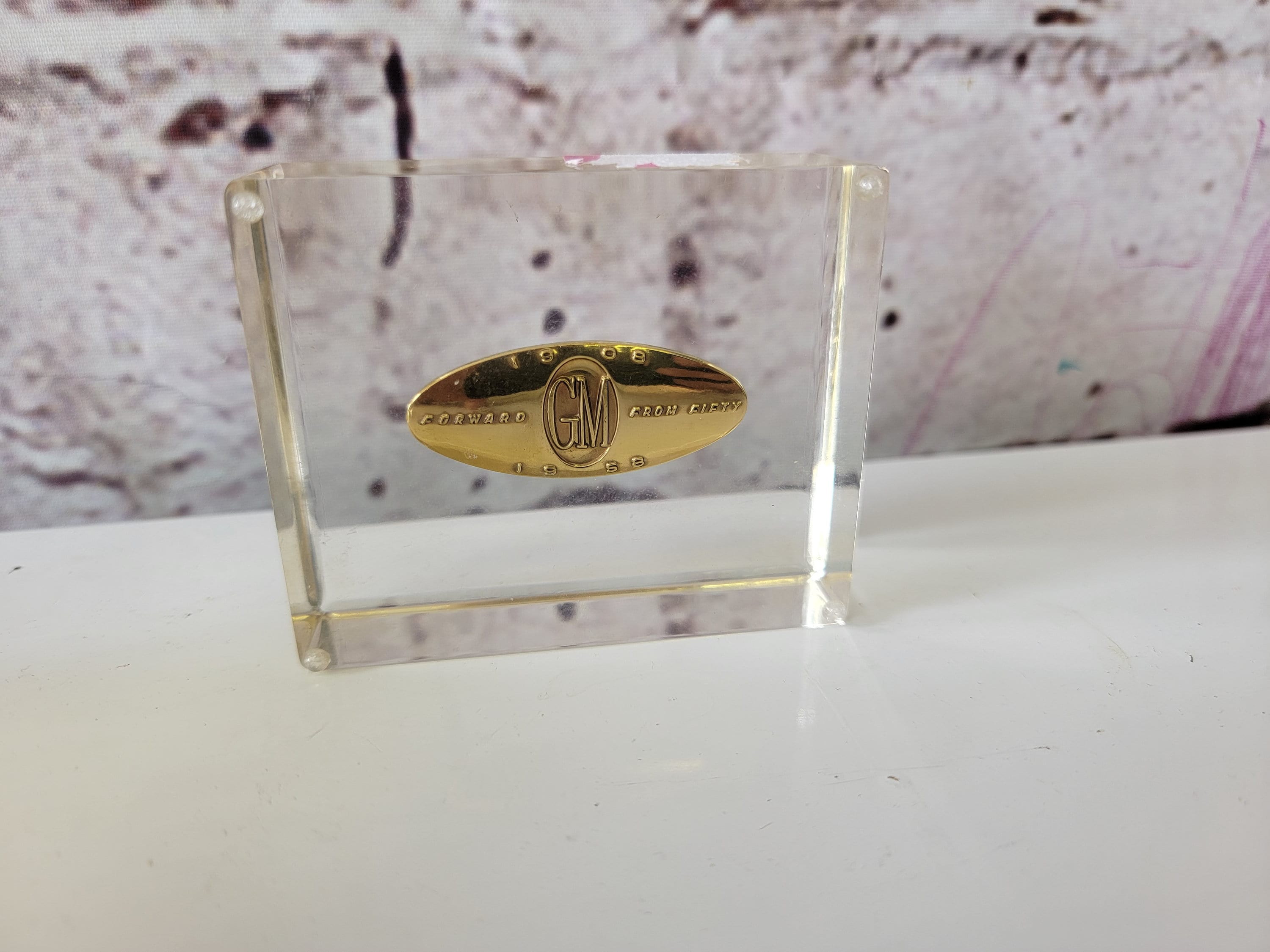 Vintage Lucite Paper Weight GM Fifty Year Anniversary Token image image