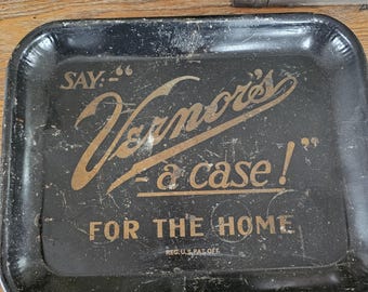 Bandeja publicitaria antigua de lata de refresco de jengibre Vernor's, "Say Vernors, un caso para el hogar", Detroit, MI