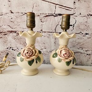 Antique Victorian Early 1900’s Small Porcelain Rose  Floral Lamp, with Ruffled Accent