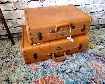 Vintage Brown Samsonite Shwayder BROS. Hard Shell Train Suitcase Luggage Case  Set 2, Matching Pair Mid Century