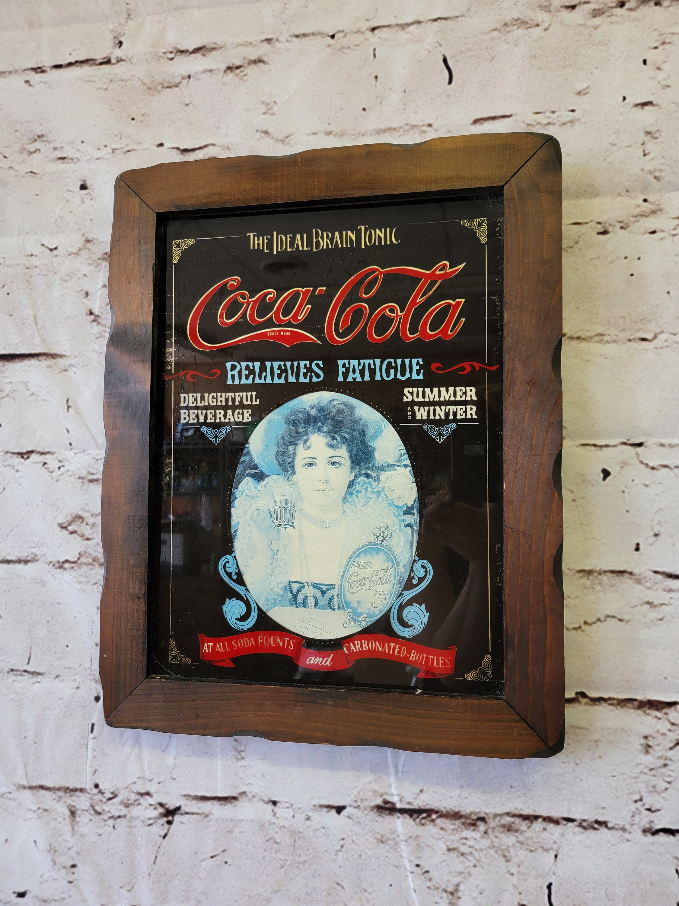 Coca-cola Ideal Brain Tonic Relieve Fatigue Wood Frame Glass Sign