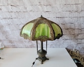 Antique Curved Glass Slag Glass Table Lamp, Signed Moe Bridges Co, Milwaukee WI, Ornate Brass Circa 1920s, Vintage