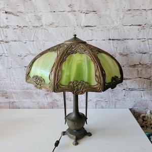 Antique Curved Glass Slag Glass Table Lamp, Signed Moe Bridges Co, Milwaukee WI, Ornate Brass Circa 1920s, Vintage Miller Art Nouveau