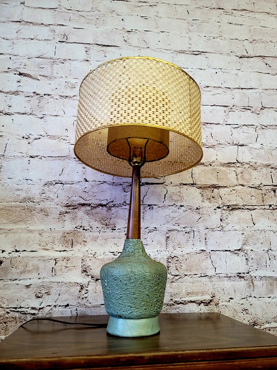 MCM Danish Scandinavian Blue Textured Lamp Teak Neck/base Original Vintage  Mid Century 