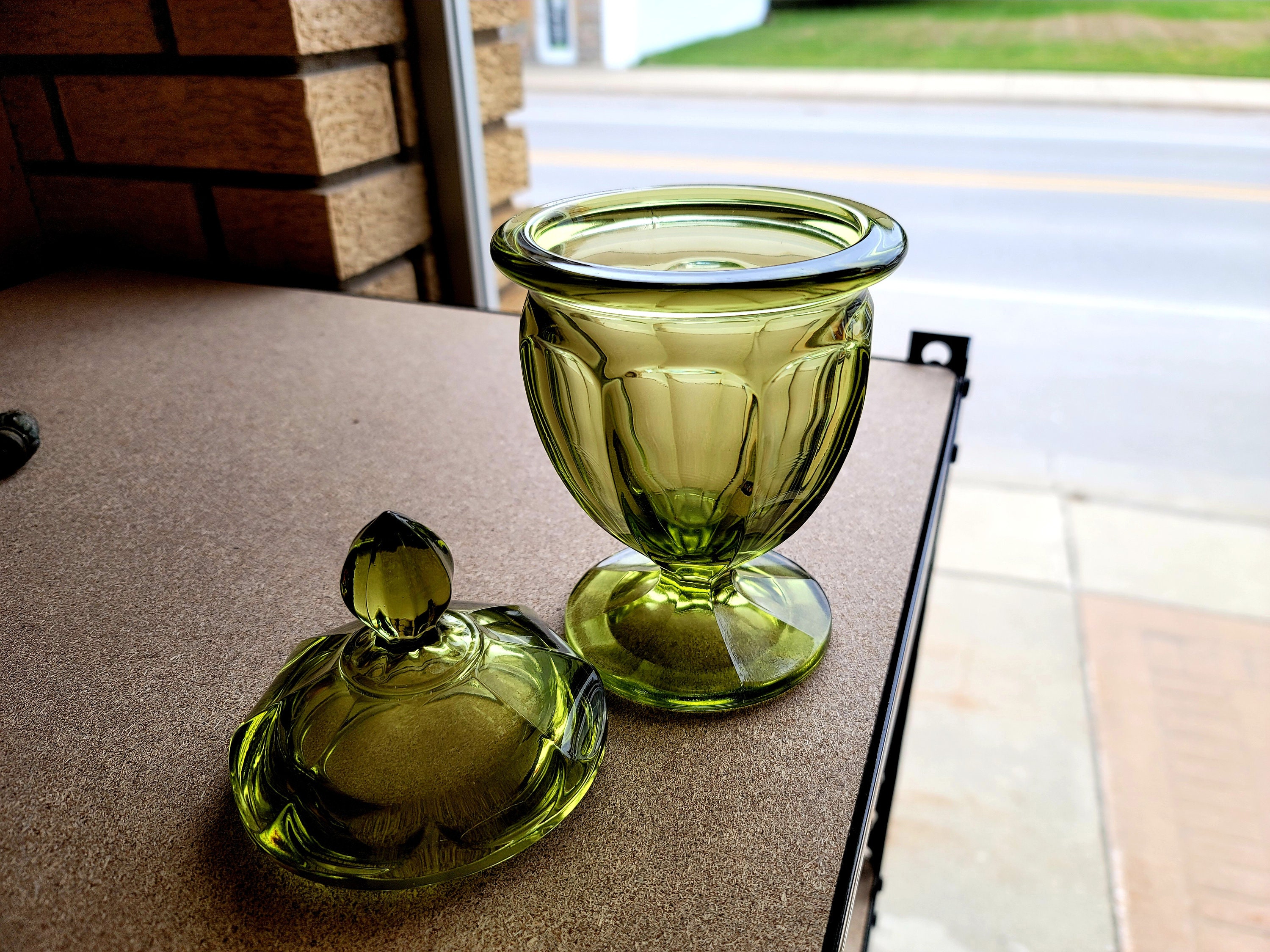 Mid Century Art Glass Footed Candy Dish w Lid MCM Mid Mod Art