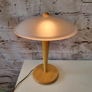 Modernist mushroom lamp, glass shade with wooden lamp base, vintage