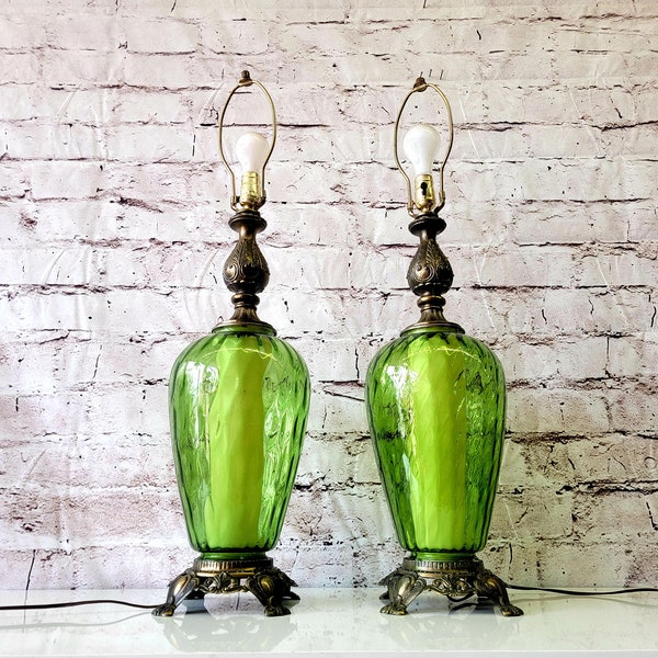 Mid Century Empoli Optic Glass Table Lamps Pair - Venetian Murano Hollywood Regency Vintage