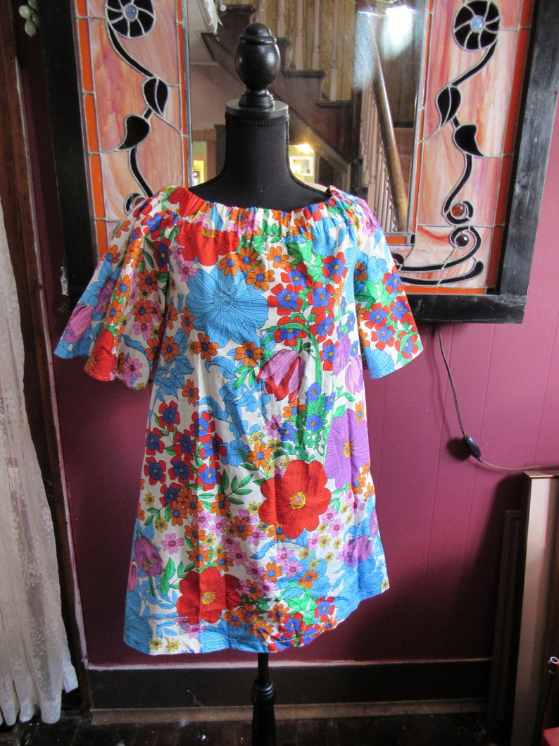 Flower Power Mod Dress XSSmall Mini Twiggy Dress,Summer Cotton Shift Dress Vintage Handmade Dress 60s Vintage Dress With Pockets