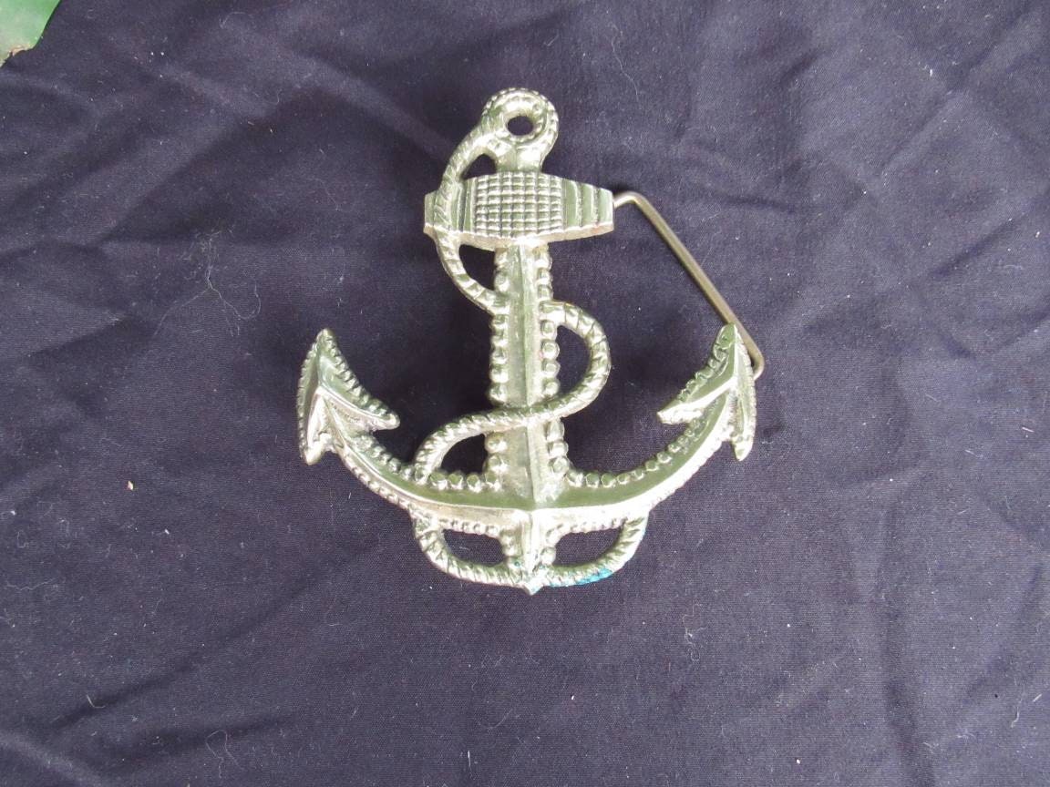 Nautical Brass Belt Buckle Large Anchor and Rope Shaped Form 3.75 Wide X 4  High Tilted Anchor Form for Belts 