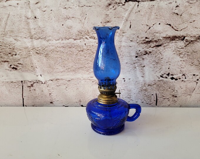 Vintage Cobalt Blue Oil Lamp & Shade Raised Pinecone Design Etsy
