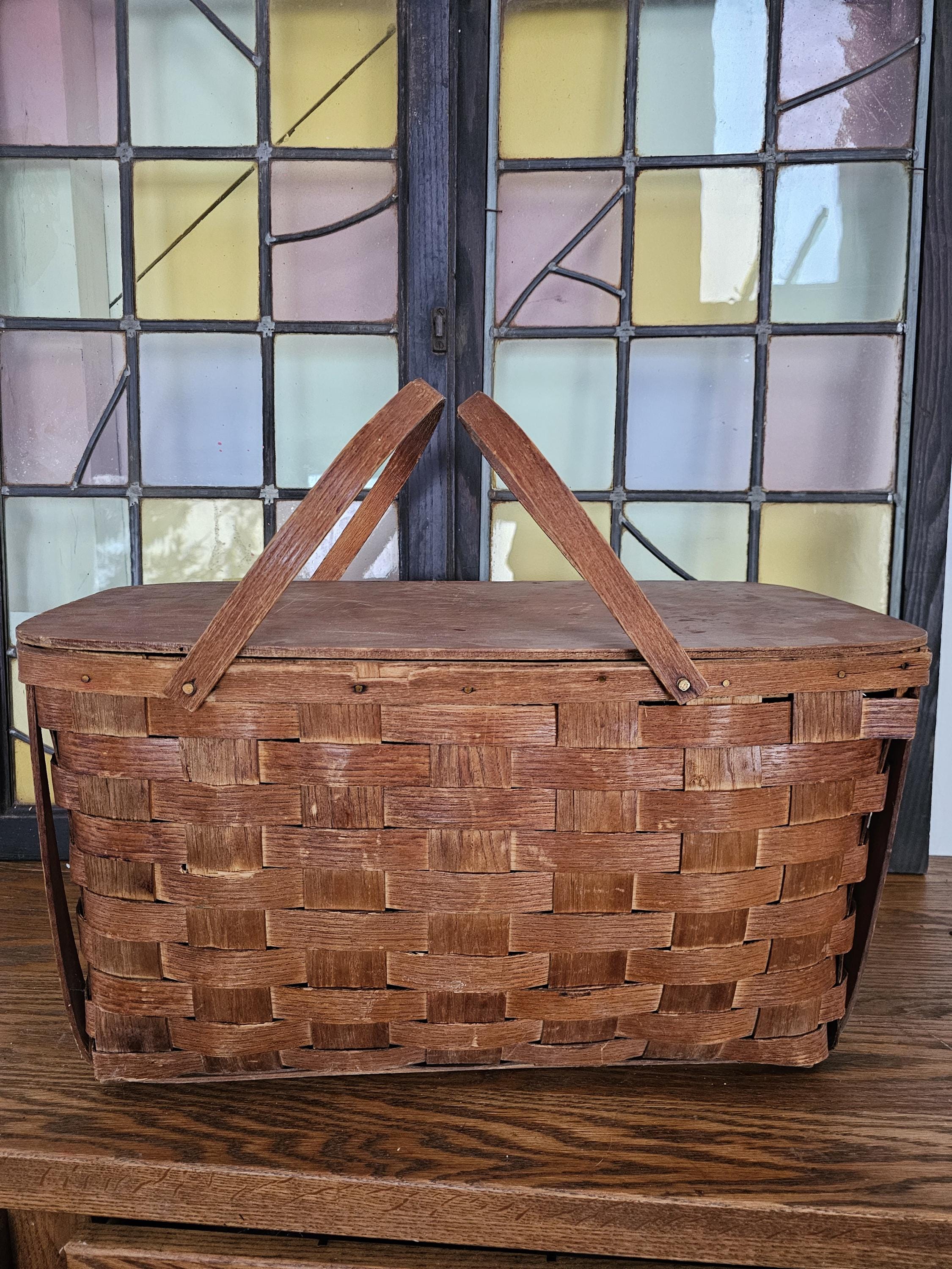 Pinic Hinge Vintage Wooden Lidded Picnic Basket, Hinge Lid, Two Handles, Rustic ...