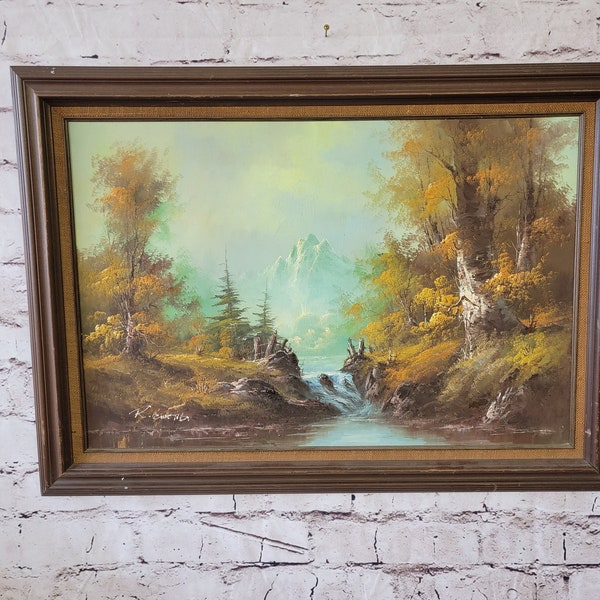 Vintage Signed Oil Painting Mountain River Waterfall Landscape