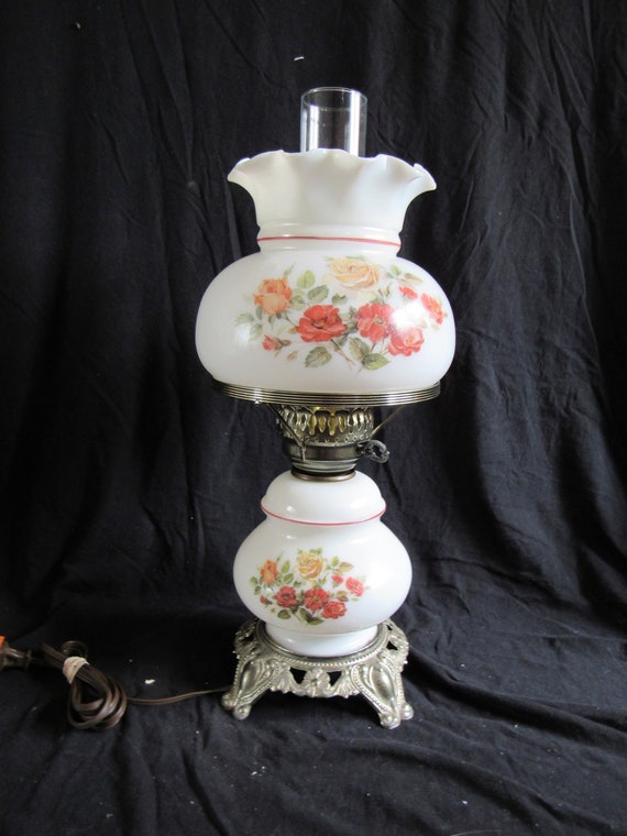 Vintage Gone With The Wind Hurricane Lamp 3 Way Lighting Rose Pattern