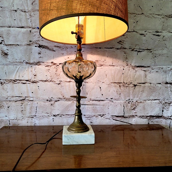 Vintage Mid Century Art Glass With Brass Fitting On Marble Table Lamp, Art Deco, MCM,