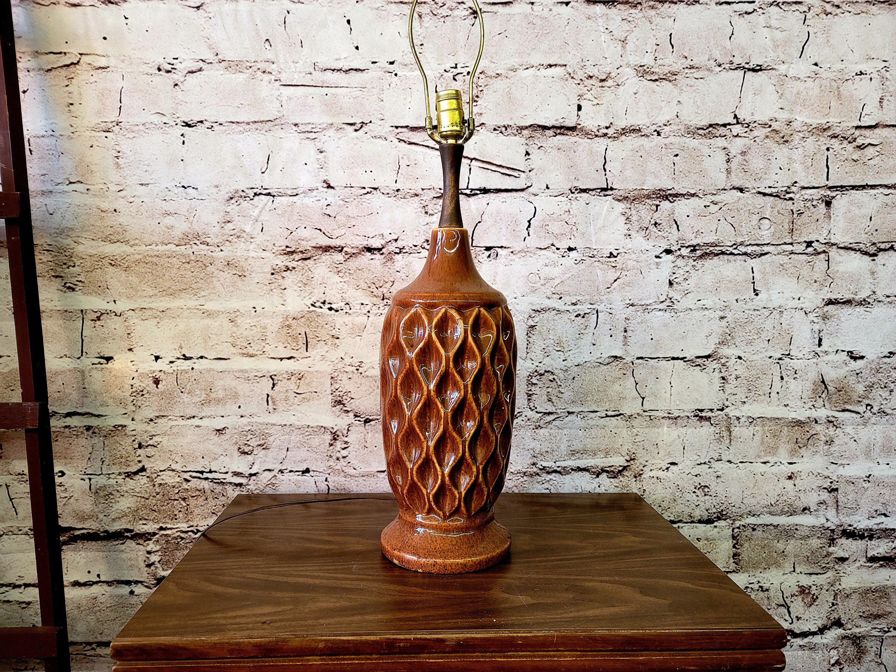 Mcm Danish Teak Table Lamp - Ceramic Scandinavian Mid Century Decor