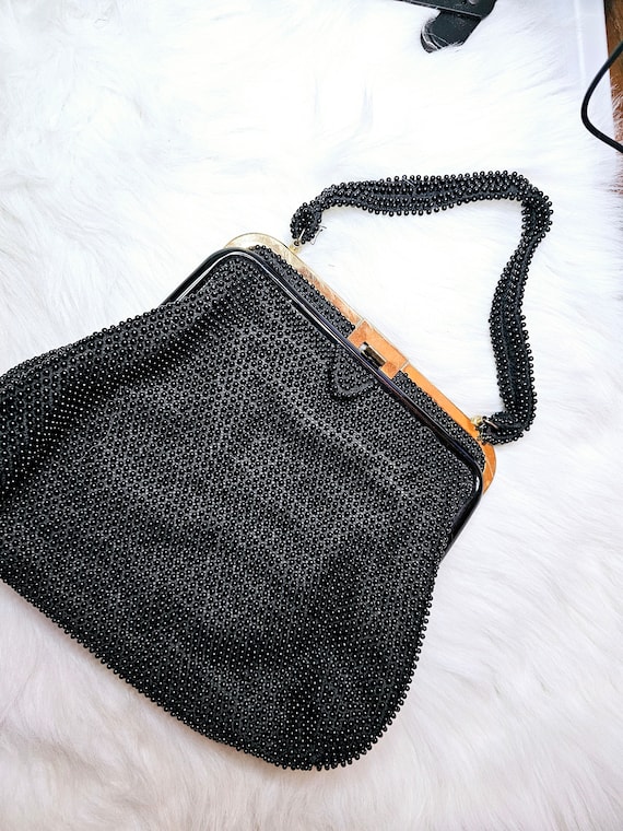 1950s Corde’ Bead Purse, Black, Vintage Handbag C… - image 1