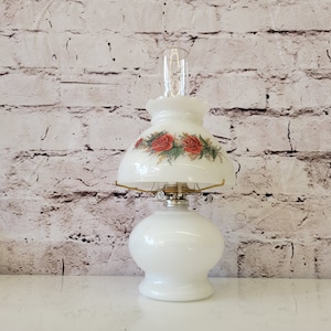 Oil Lamp White and Red with Roses, Hurricane Oil Lamp, Lamplight Farms