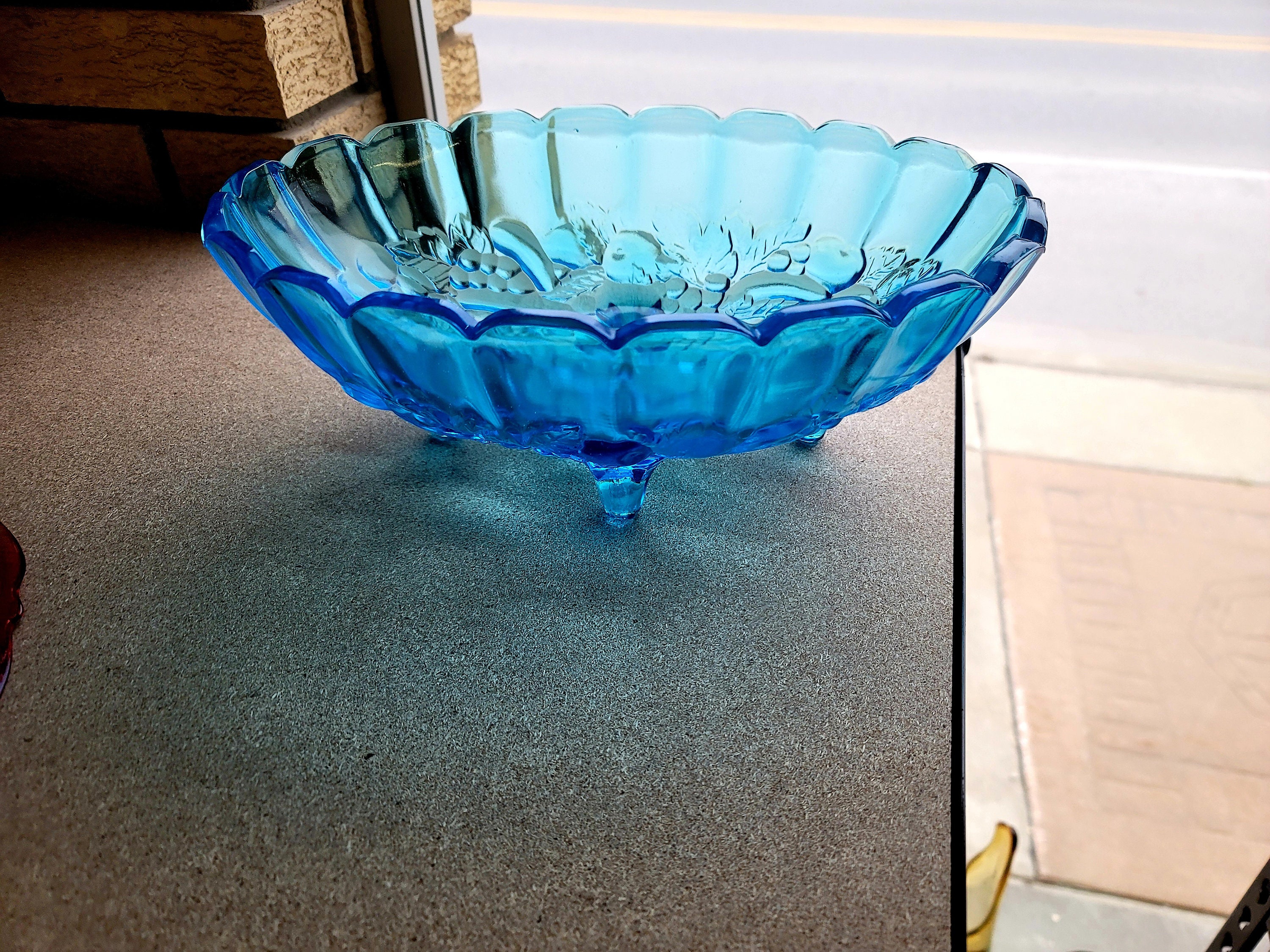 Vintage Indiana Carnival Glass Clear Cyan Blue Footed Oval Fruit