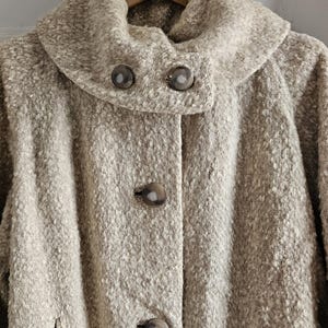 Vintage 60s Tweed Car Coat | Tan Bouclé Wool Winter Overcoat | Mid Century Mod A-Line Swing Coat with Wide Funnel Collar | Neutral Textured