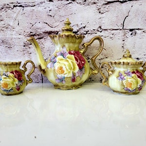 Rare Antique Nippon Hand Painted Roses, Gold Teapot w Matching Sugar & Creamer Signed