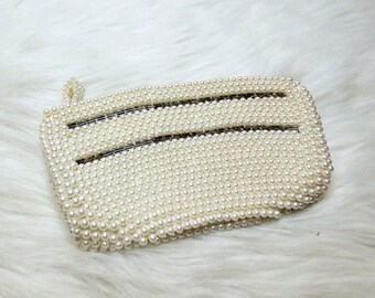 Early La Regale, Japan Pearl Bead Encrusted, Zip Top Clutch Bag, Bugle Bead Insets