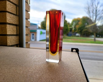 Murano Art Glass Faceted Red & Amber Sommerso Glass Vintage Vase