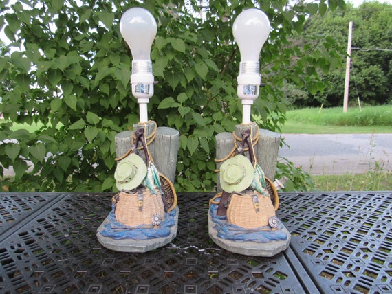 Vintage Gone Fishing Pair of Lamps, Tackle Box With Fishing Pole