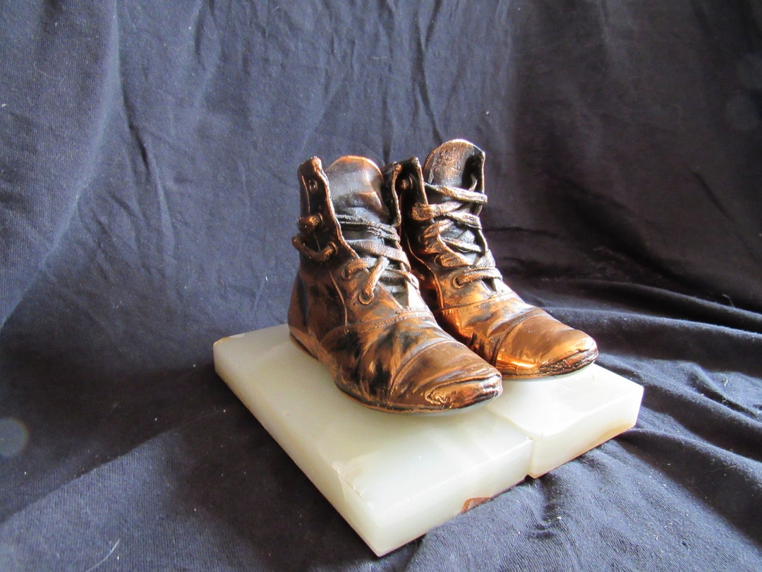 Mid Century Bookends Stone With Bronze Dipped Baby Shoes Etsy